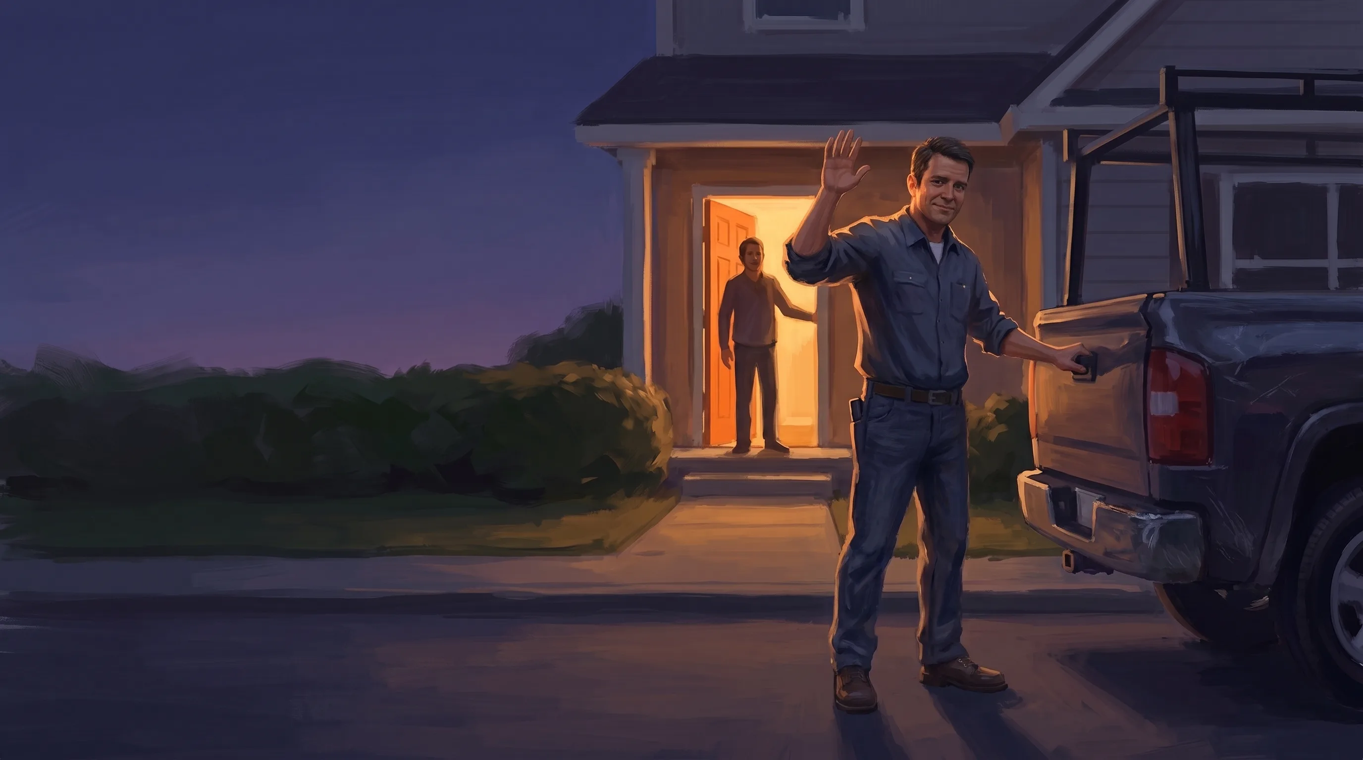 Home service pro closing his truck tailgate at dusk and waving to a customer in the doorway, last job of the day done