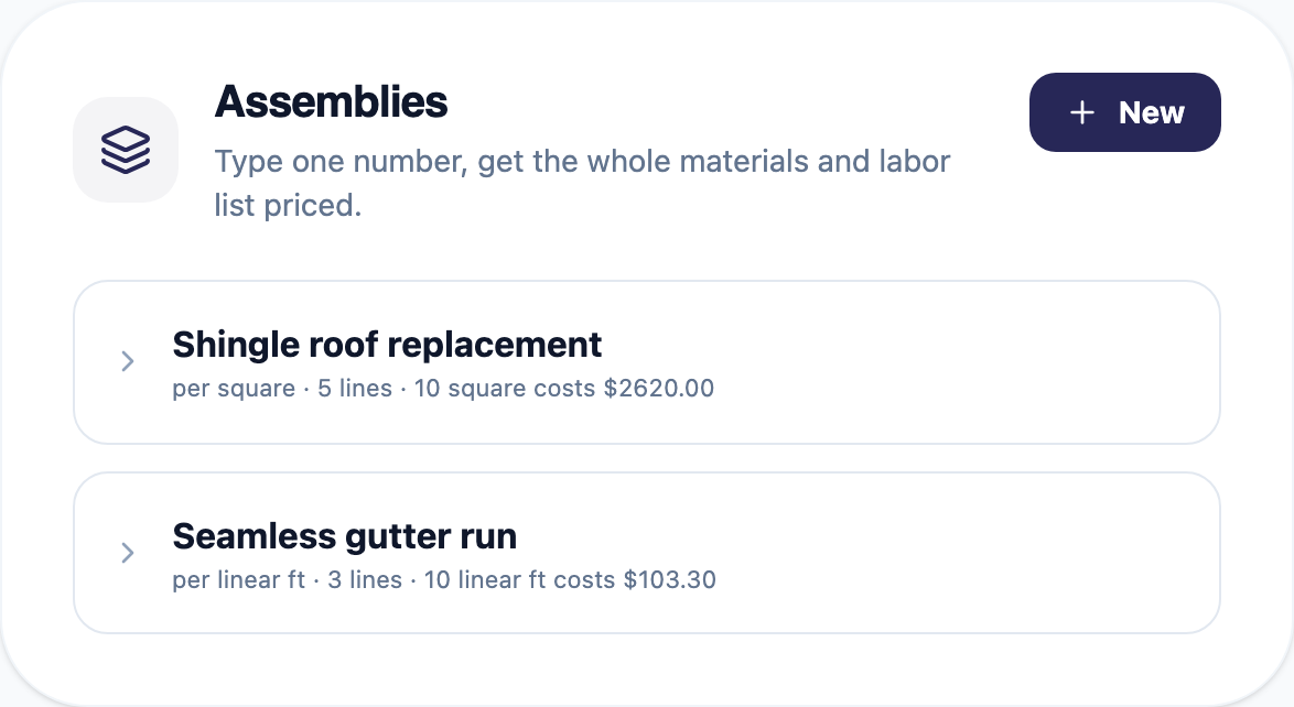 Setting up a roof replacement assembly with materials, quantities, waste and labor