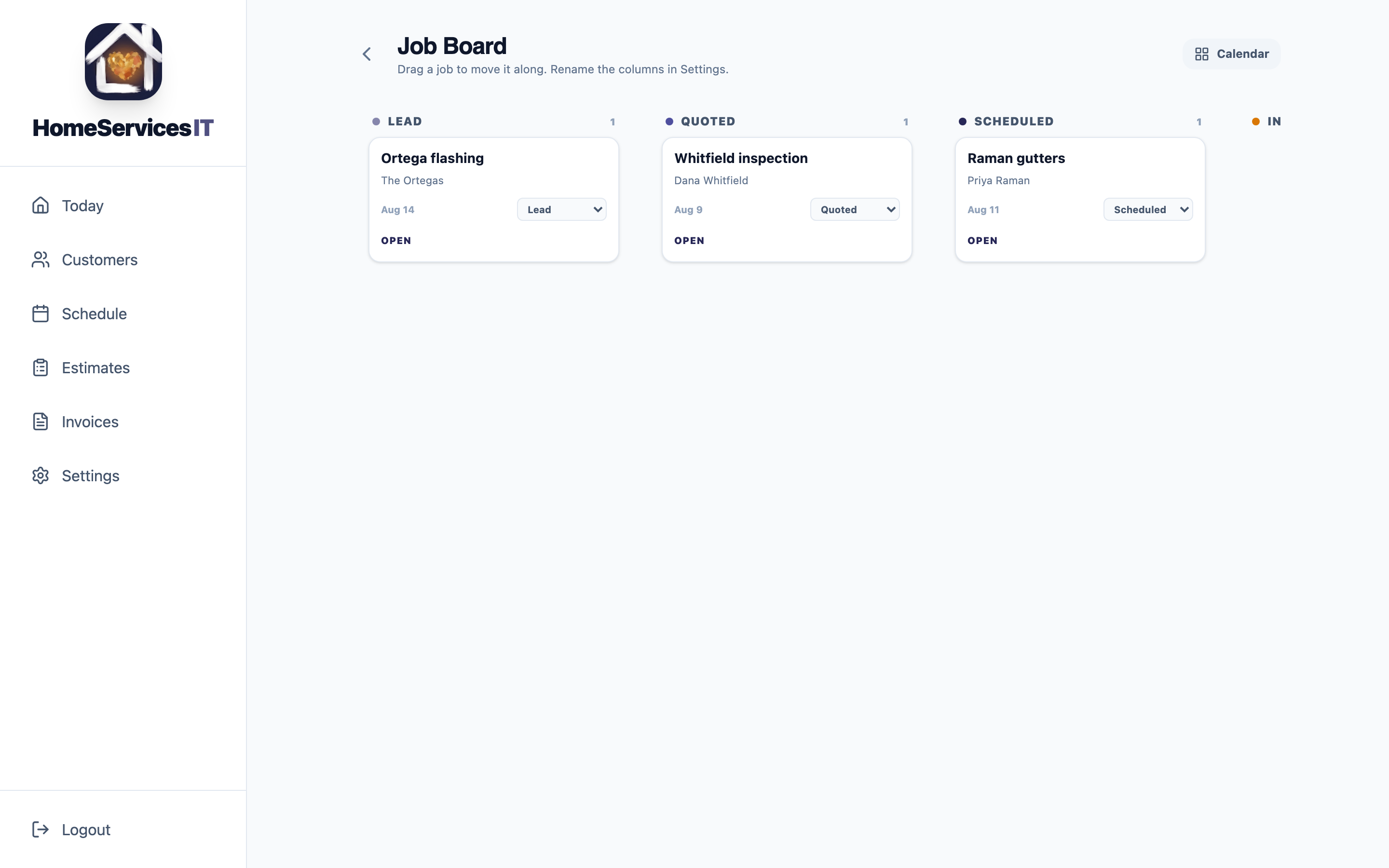 Job board with jobs in Lead, Quoted, Scheduled and Complete columns